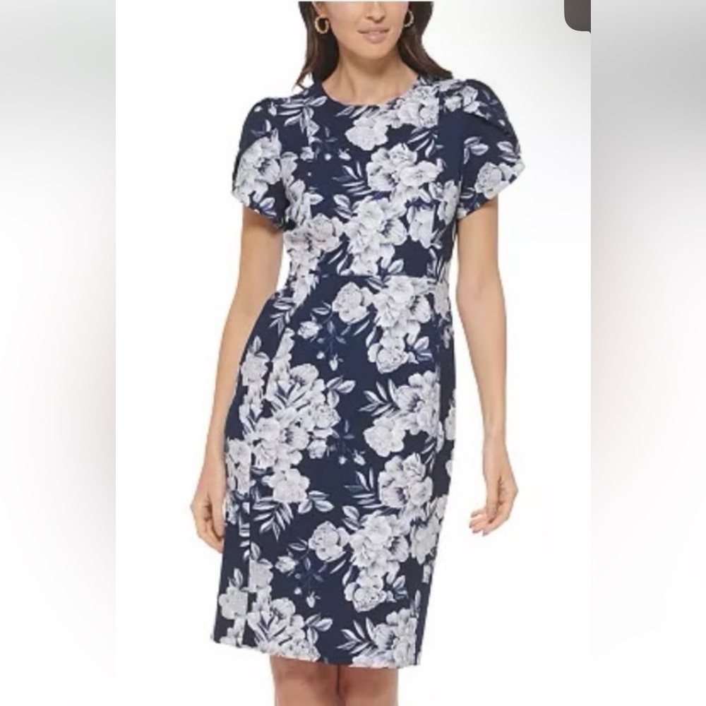 Calvin Klein Asymmetrical Navy and White Floral Dress new with tags